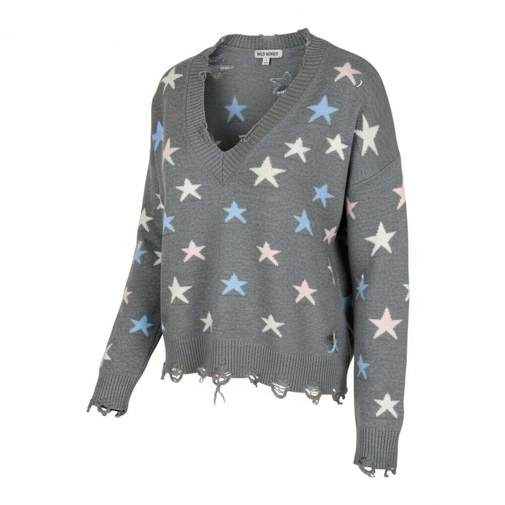 Wild Honey Gray Distressed Star Print V-Neck Cropped Sweater